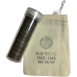 Jefferson War Nickel Roll 35% Silver $2 Face Circulated war nickel roll, nickels, silver, coins, silver coins, bars, jefferson, 1942, 1943, 1944, 1945, constitution coins, 35% silver